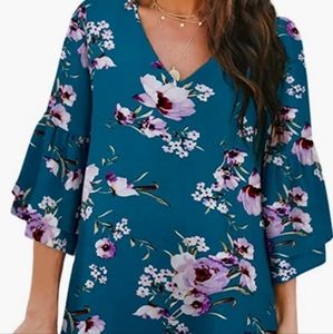 BELONGSCI Women's Dress Sweet & Cute V-Neck Bell Sleeve Shift Dress Mini Dress